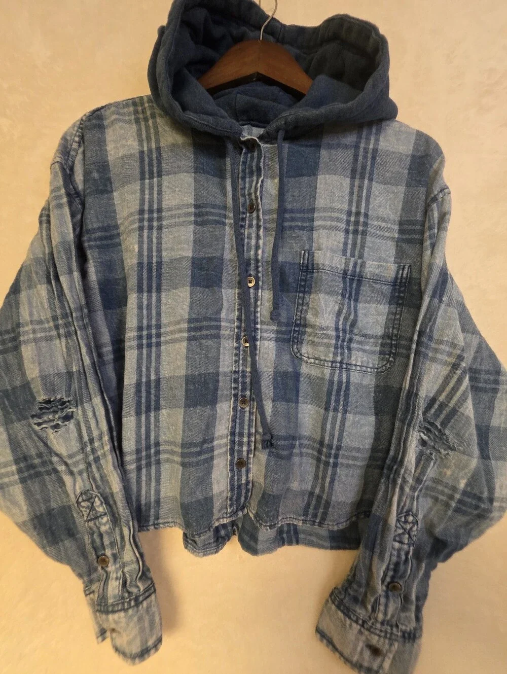 American Eagle Blue Plaid Hooded Jacket Vintage-Inspired Soft Cotton Blend SizeL